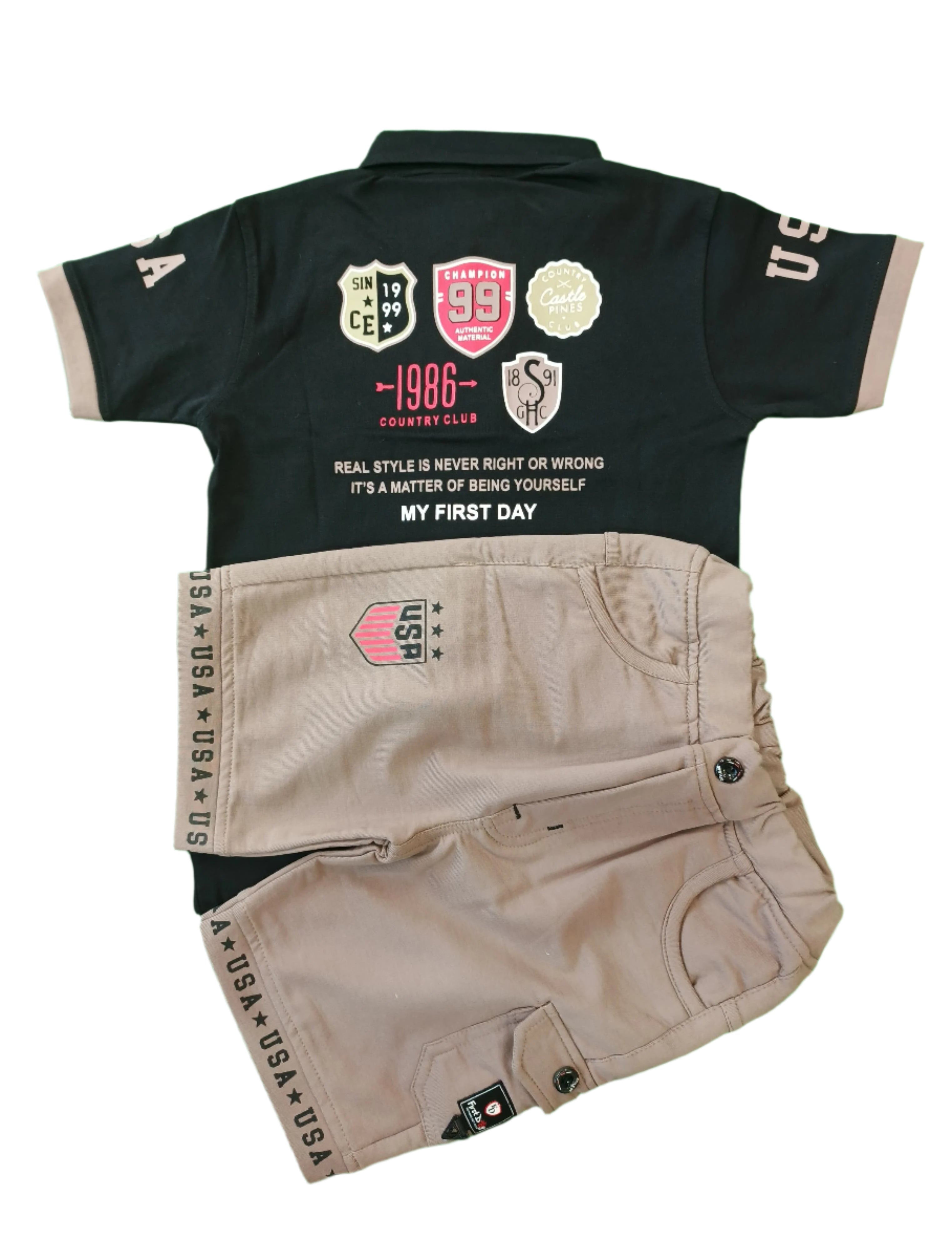 Black t-shirt with white text and graphics, beige shorts with USA branding on a green background
