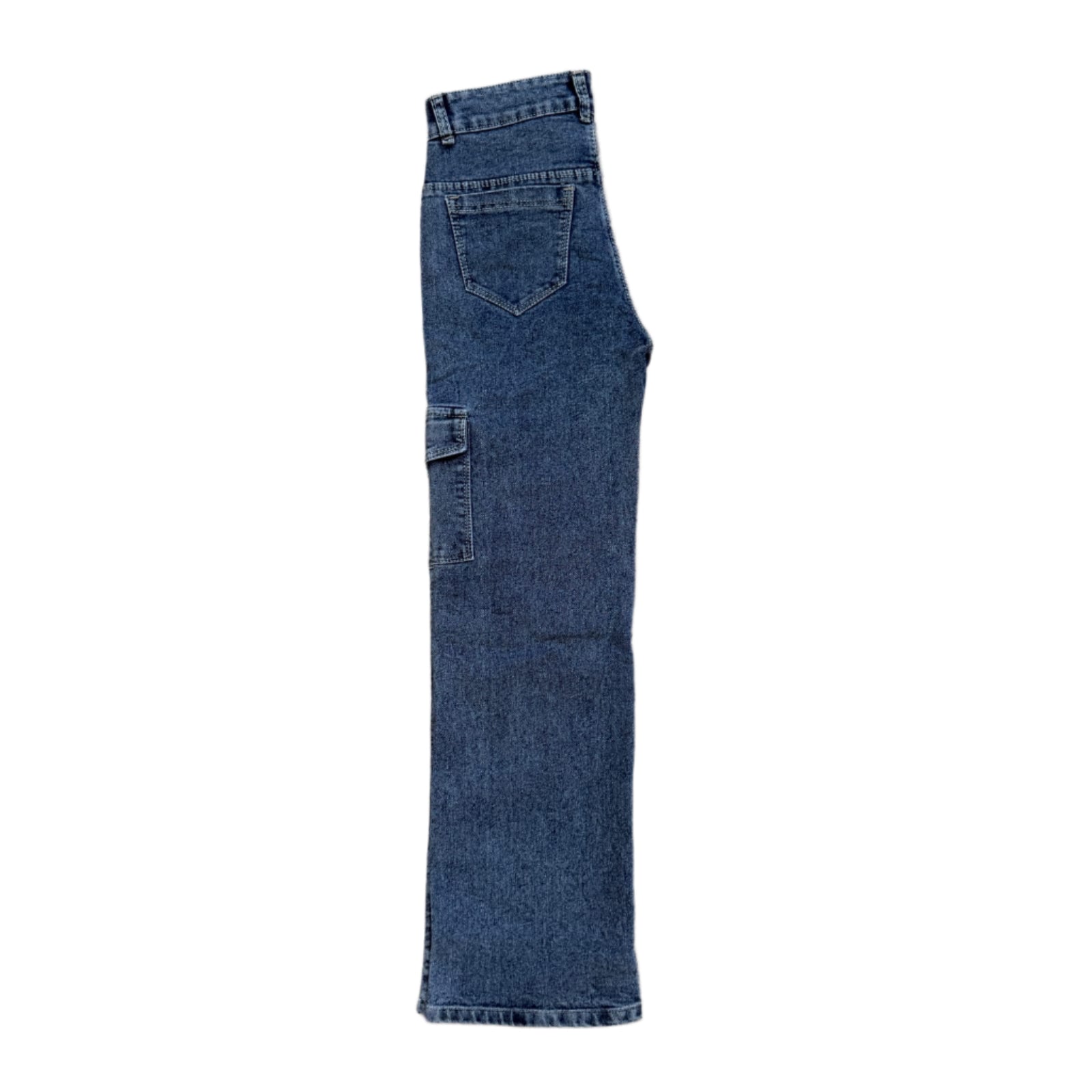 Folded blue jeans on a tiled floor