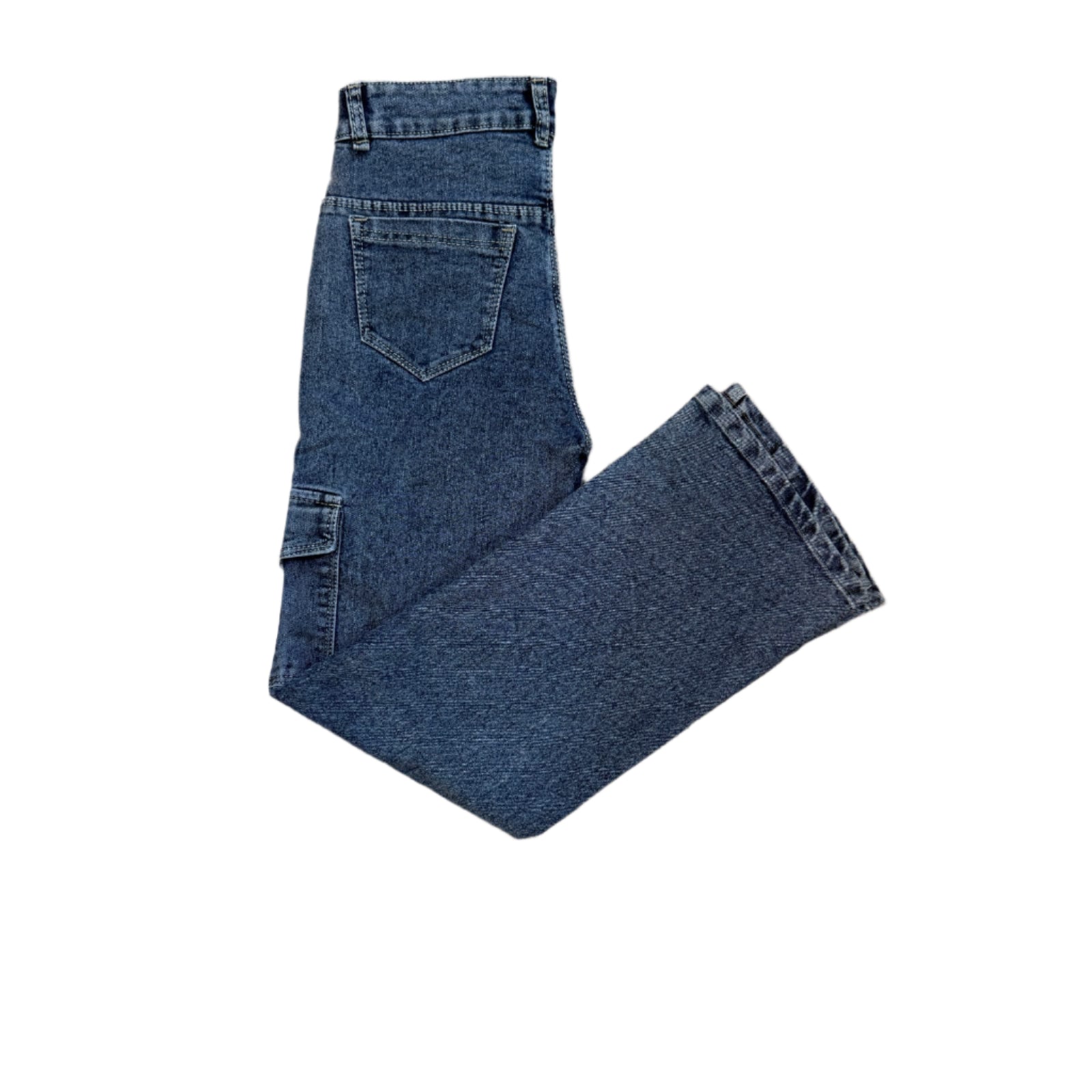 Pair of blue jeans on a beige tiled floor