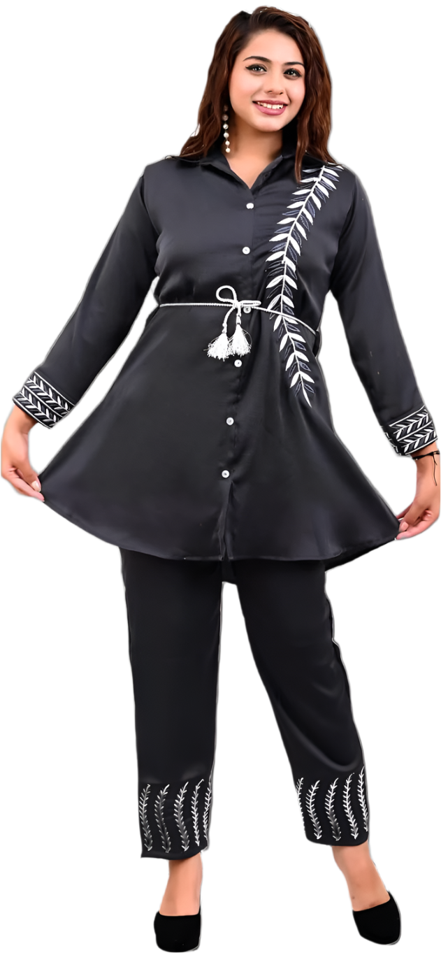 Woman wearing a black outfit with white embroidery on a transparent background