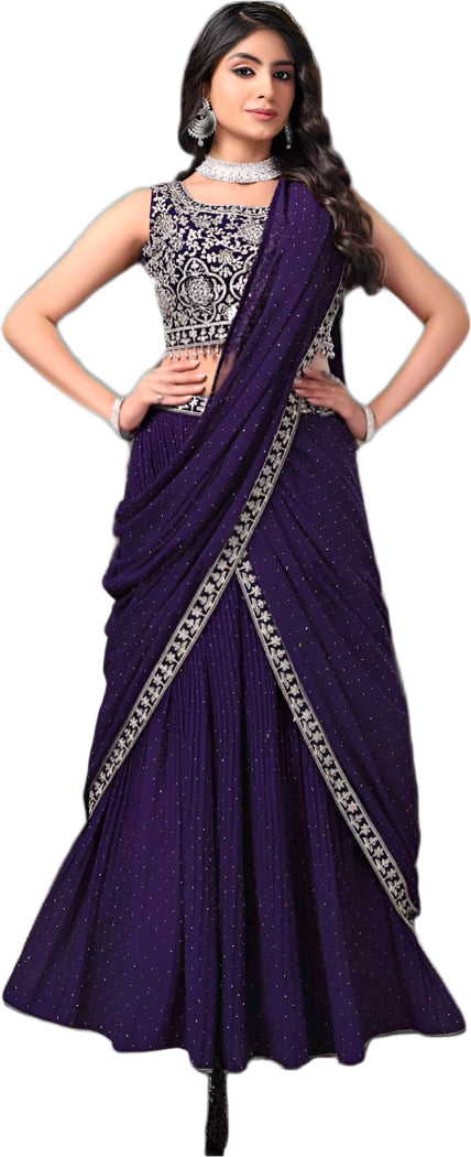 Woman wearing a purple saree with silver embroidery on a black background