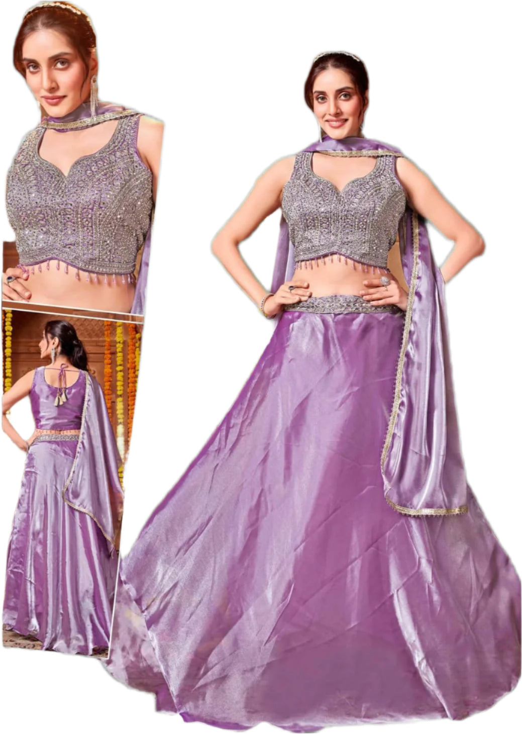 Woman wearing a silver blouse and purple skirt with a matching dupatta on a black background